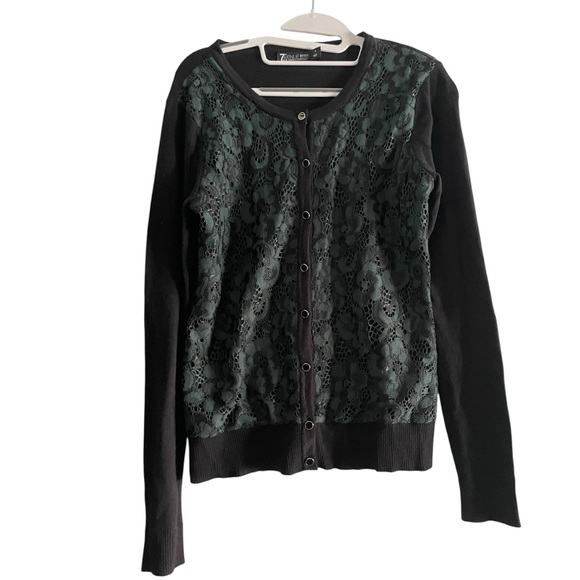 7th Avenue Design Studio Black and Green floral Lace Long Sleeve Cardigan Size S - Picture 1 of 5
